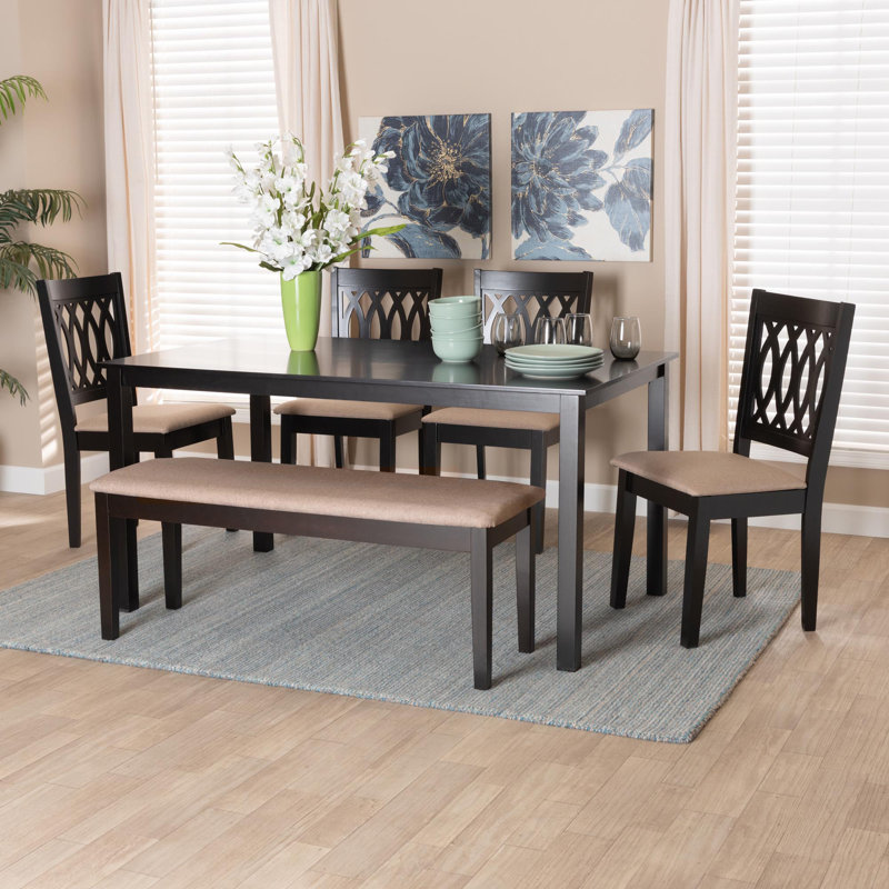6 - Person Four Leg Dining Set, Espresso Brown,  Espresso Brown/Beige