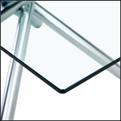 Large Modern Minimalist Rectangular Glass Dining Table with 0.39 Inch Tempered Glass and Silver Chrome Metal Legs, Perfect for Contemporary Spaces