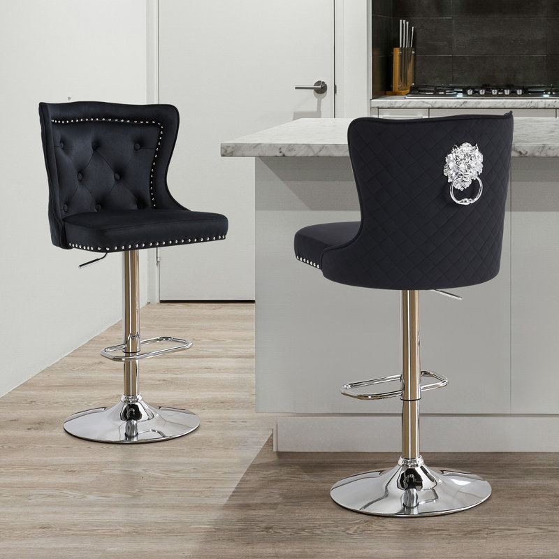 Swivel Velvet Counter Height Bar Stools With Lion Head Pull Ring For Kitchen Island, Black