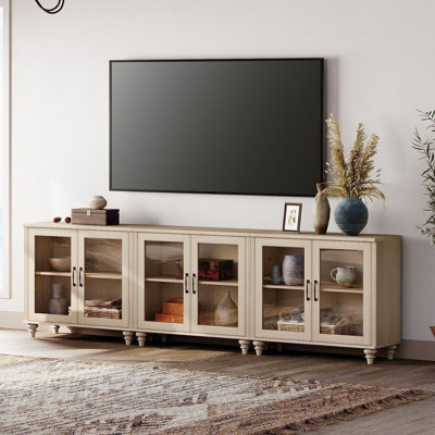 100-Inch TV Stand, Wooden Farmhouse Entertainment Center With 6 Glass Doors & Storage Cabinets For Living Room Or Bedroom