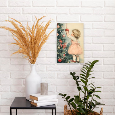Young Girl At Christmas Eve Retro Vintage Abstract Christmas Tree Winter Landscape Wall Art Print 1 Piece Wrapped Canvas Wall Art