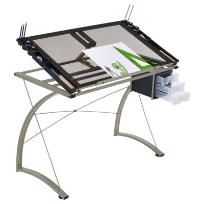 Silver Glass Top Drafting Table With Storage