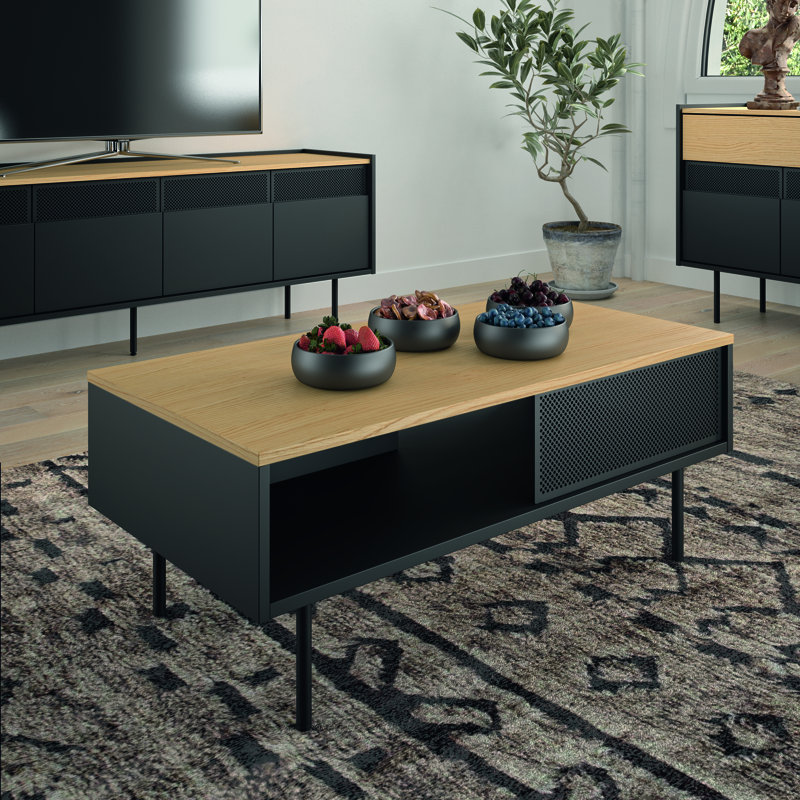 Anajia Four Leg Coffee Table with Storage, Oak Top/Black Base