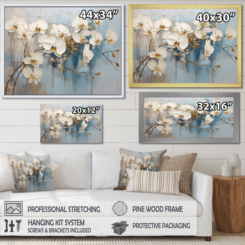 Élégance florale beige et or sur toile, Cadre naturel flottant, 34" H x 44" W