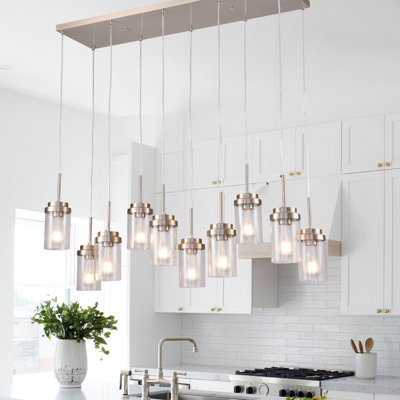 10-Light Kitchen Island Lighting, Brushed Nickel Linear Pendant Lights With Seed Glass Shades, Modern Chandeliers Dining Room Light Fixture Hanging Lighting For Kitchen