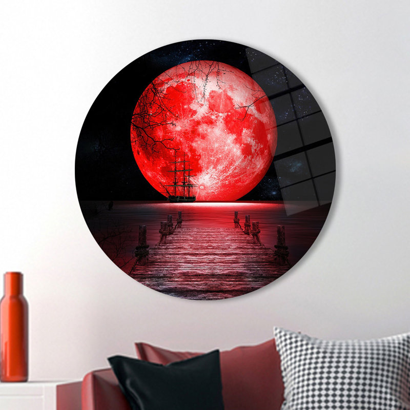 Lune au-dessus de la mer, art mural en verre pour décorer la nuit, H 31,5 po x l 31,5 po