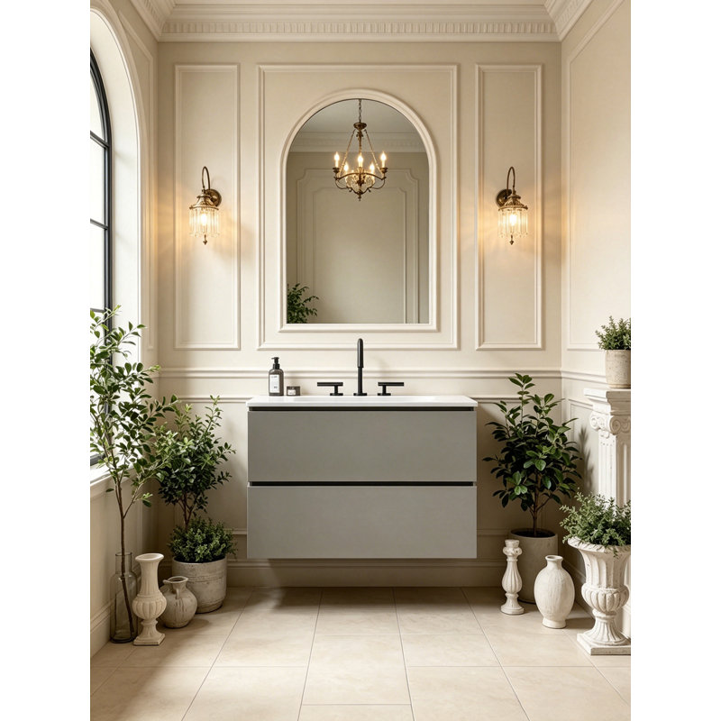 Meuble-lavabo mural flottant avec lavabo en céramique et tiroirs à fermeture en douceur, Grey, 30"