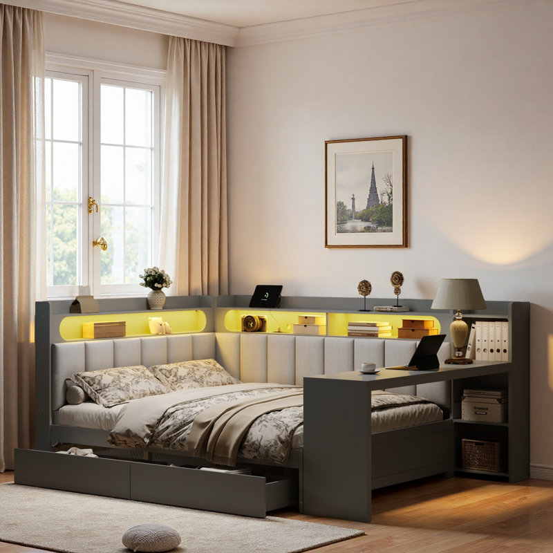 Upholstered Daybed With Storage Shelves, Drawers, Charging Station, Led Light And Desk, Gray