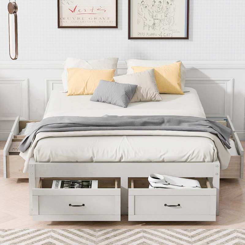 Lit plateforme double avec 6 tiroirs de rangement, Blanc antique, Lit double