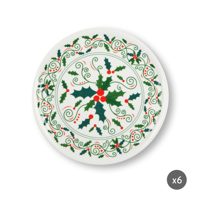 Set Of 6 Holly Christmas Dessert Plate