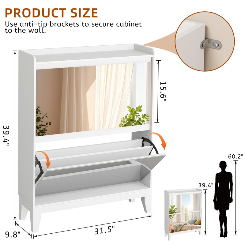 Mirrored Shoe Storage Cabinet With 2 Flip Drawers, White