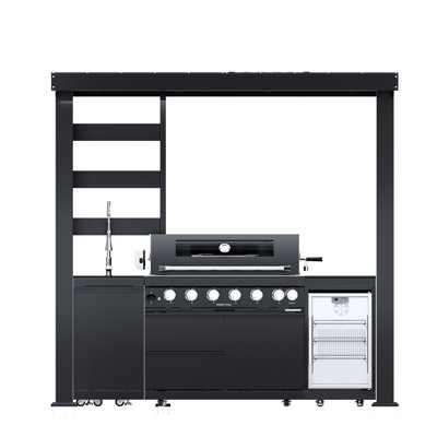 Îlot de cuisine extérieure avec barbecue à gaz de 240 cm (94 pouces) comprenant un brûleur à 6 brûleurs (85 000 BTU), une cave à vin et des comptoirs en granit. Brûleur infrarouge en céramique à l'arrière, grille de maintien au chaud et grilles de cuisson de 8 mm. Rangement pour cuisine extérieure résistant aux intempéries.