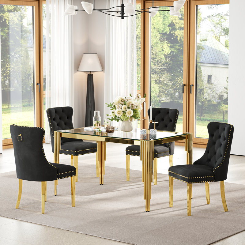 5-Piece Modern Glass Dining Table Set, 52.76" Rectangular Tempered Glass Top, Polished Irregular Round Tube Stainless Steel Legs, 4 Velvet Upholstered Stainless Steel Dining Chairs