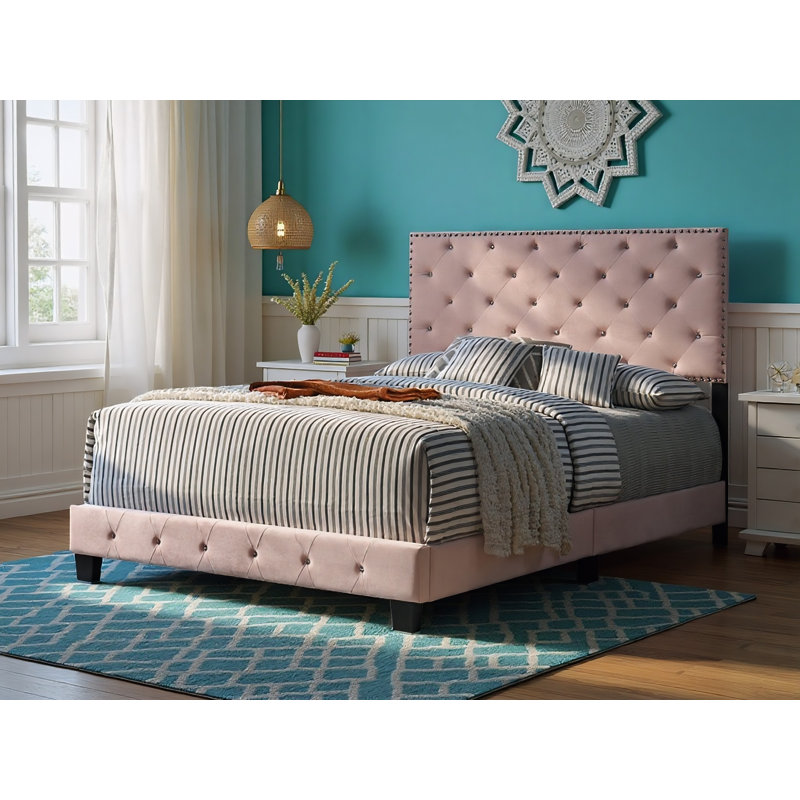 Lit double en velours rose Modena, Double, Rose