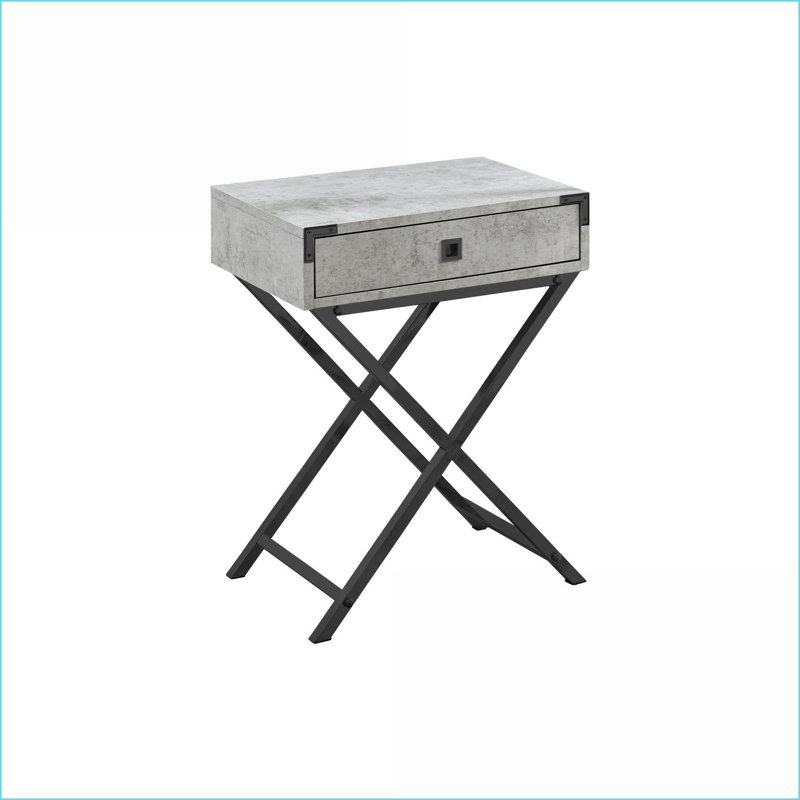 Table basse grise d'aspect ciment avec pieds en métal noir, tiroir de rangement compact pour un salon polyvalent