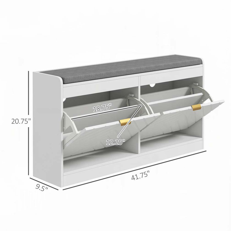 Banc à chaussures, banc d'entrée avec 2 tiroirs rabattables, coussin de siège