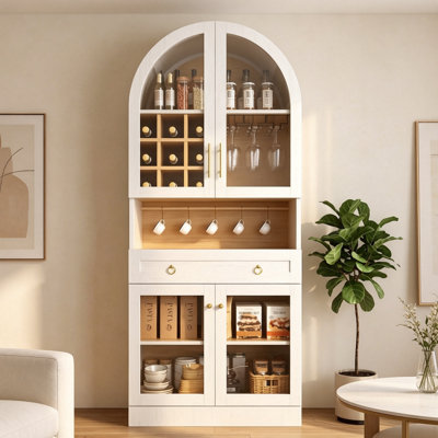Meuble-bar de 178 cm de haut avec rangement arqué, style moderne du milieu du siècle, avec portes en verre trempé et étagère réglable, buffet/bar à café pour la cuisine, la salle à manger, le salon et le bureau à domicile