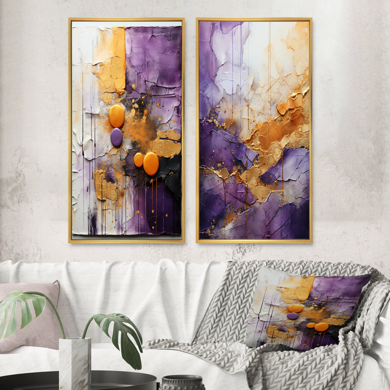 2 pièces sur toile - Fractale abstraite mauve doré, H 20 po x l 24 po, Encadrement doré