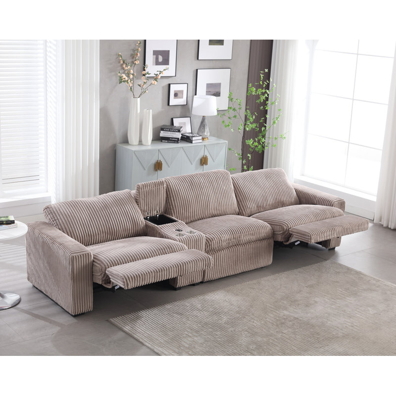 Arealious 136.6'' Modern Corduroy Power Reclining Sofa With Cupholder Wireless Charging Storage USB, Mushroom Taupe Corduroy