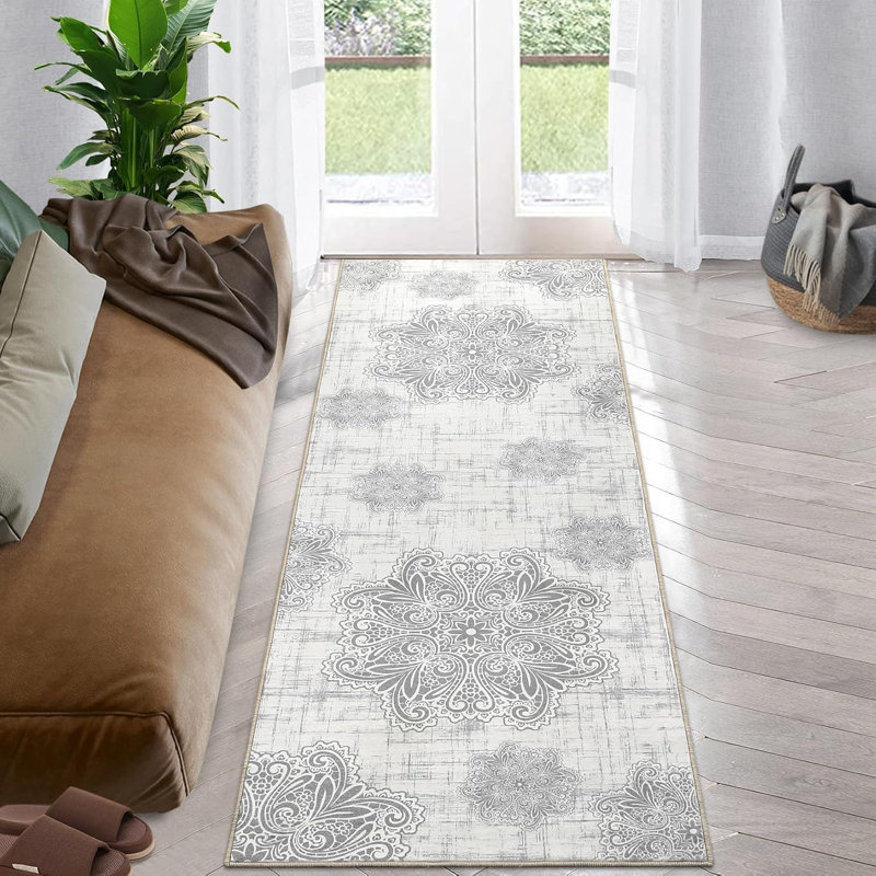 2x6 Vintage Washable Runner Rug – Non-Slip, Low Pile, Retro Indoor Carpet for Kitchen, Entryway, Laundry, Beige-Grey