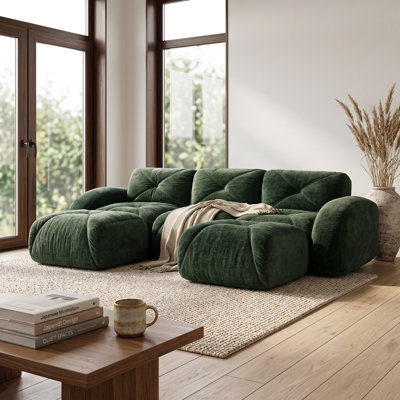 Canapé modulaire 3 places sans os avec 2 repose-pieds mobiles, canapé en velours capitonné, mousse 32D haute densité, sans assemblage, vert