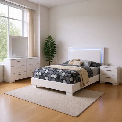 Sok 4Pc Bedroom Set, Modern White, LED Upholstered Headboard