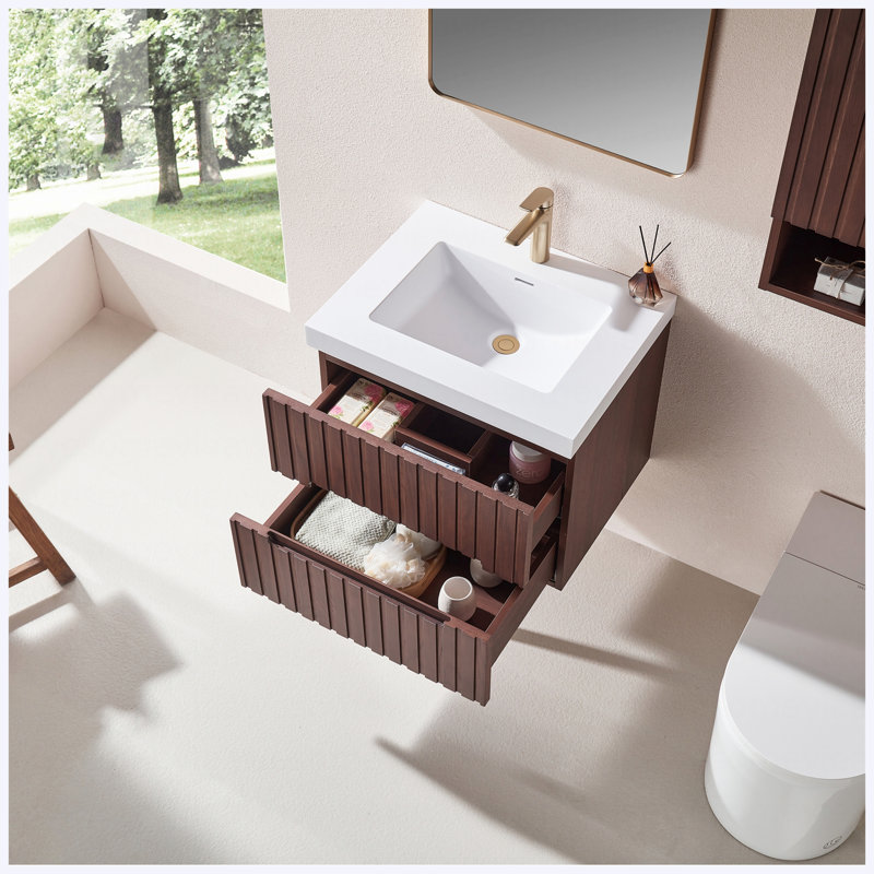 Meuble-lavabo suspendu de 61 cm (24 po) avec lavabo intégré en acrylique blanc, armoire en contreplaqué préassemblée avec 2 tiroirs, noyer foncé