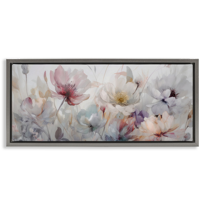 Art mural sur toile à fleurs discrètes, design par Irene Weisz, H 11 po x l 25 po, Cadre flottant gris lustré