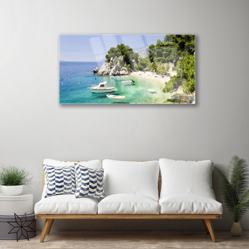 Landscape Sea Boat Beach Rocks - Unframed Photograph on Glass