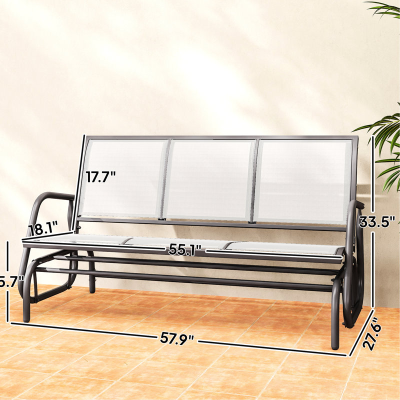 Banc berçant d'extérieur 3 places, gris, en maille respirante, structure en métal, pour une utilisation sûre et confortable sur balcon ou terrasse. Siège confortable, tissu en maille, glissement silencieux, grande capacité de charge.