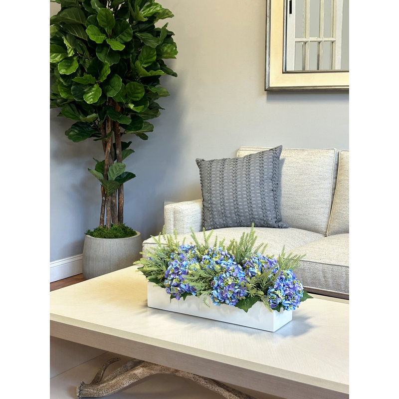 Arrangement de hortensias artificiels en polysilk en pot de fibres, Bleu / lavande / vert
