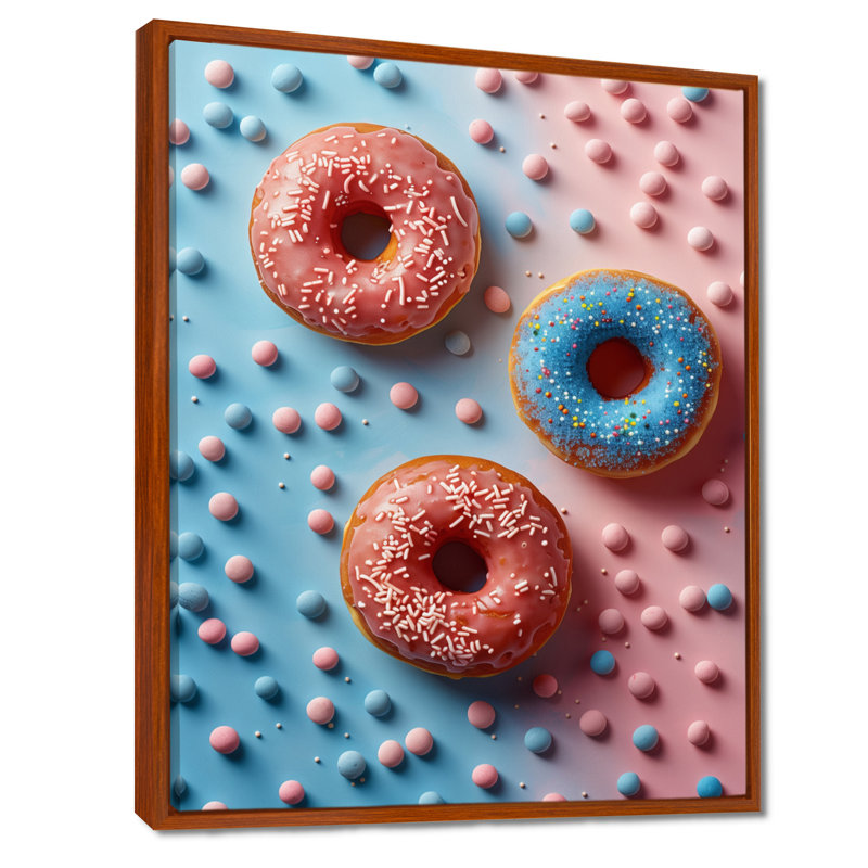 Délicieuse rose et bleue Sparkle Donuts III, H 20 po x l 12 po x P 1 po, Toile avec cadre flottant brun