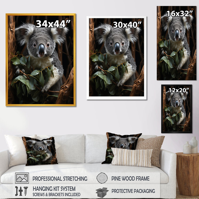 Gris Koala Climber 1 - Koala Animal, art mural, Toile tendue, H 20 po x l 12 po x P 1 po