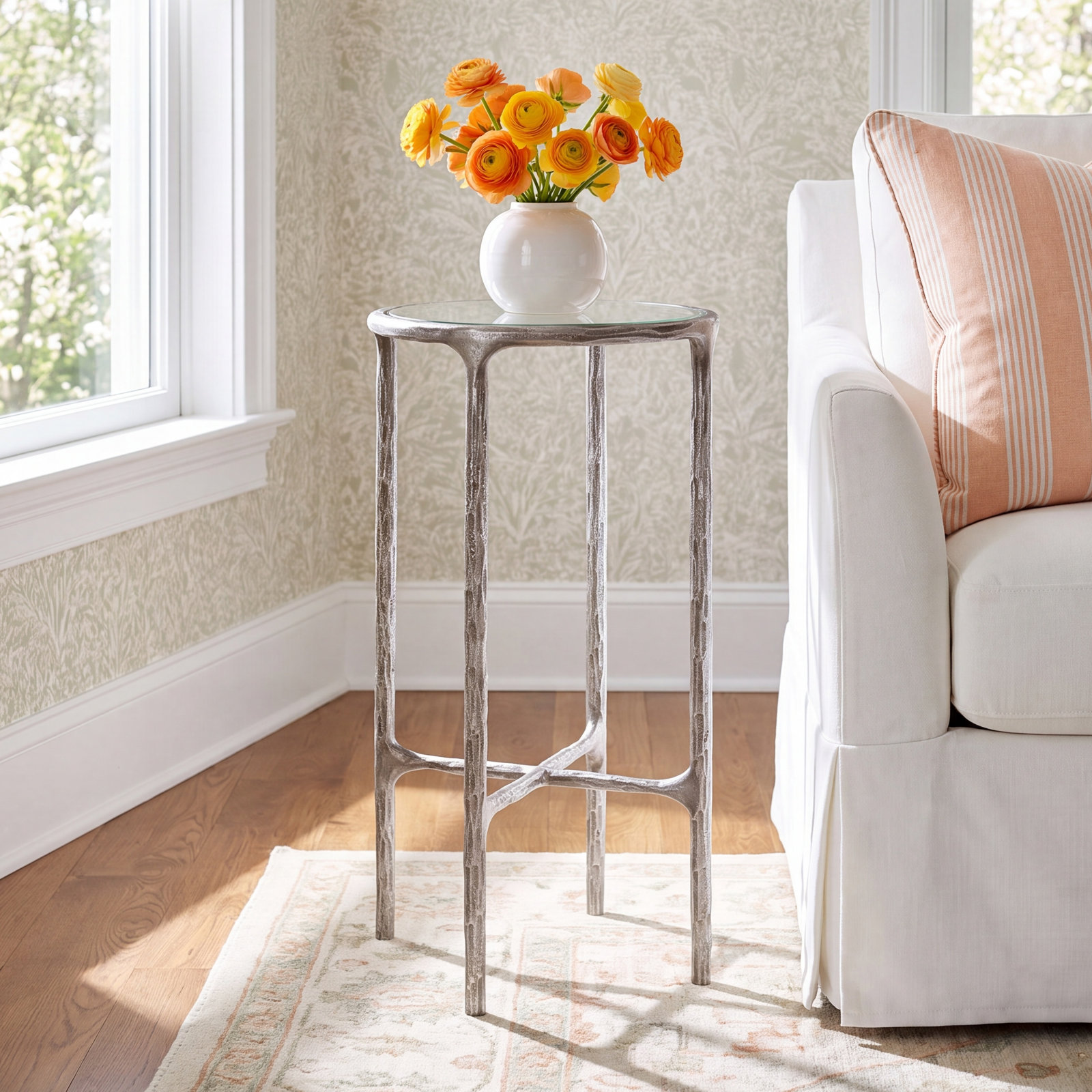 Evelynn Glass Cross Legs End Table, Silver
