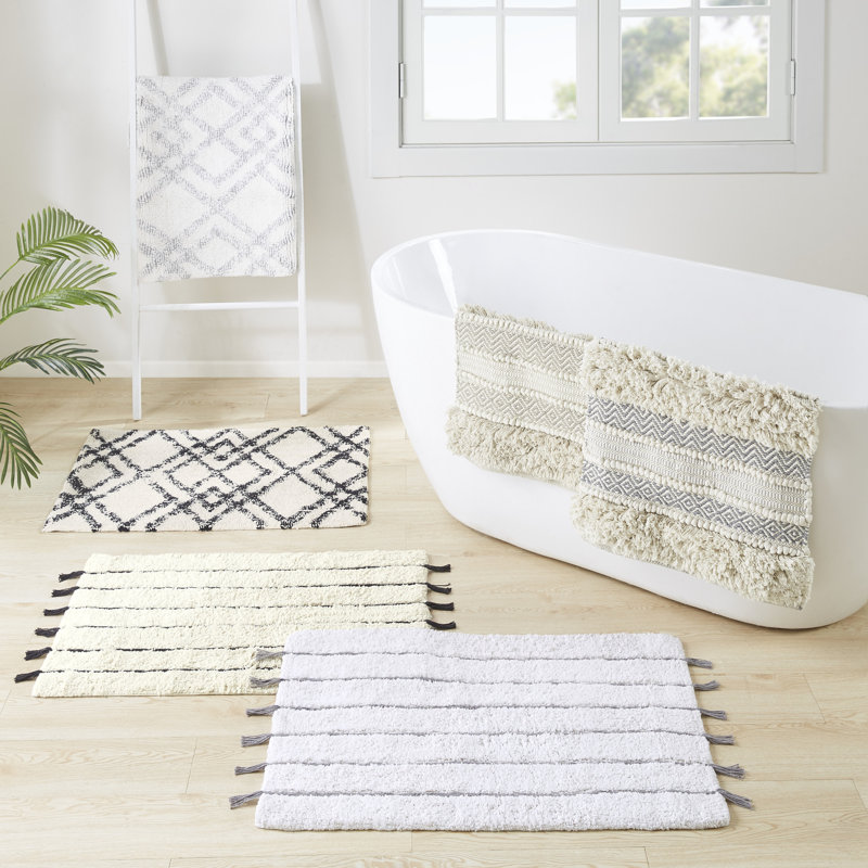 Asher Natural and Gray Cotton Blend Striped Bath Rug