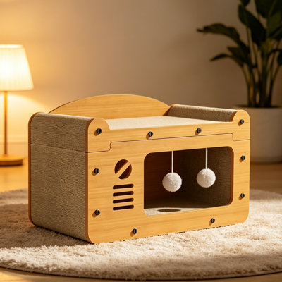 Wood & Corrugated Cardboard 2-in-1 Cat Scratcher House with Teaser Toys, Sturdy Indoor Cat Bed & Hiding Place – Modern Minimalist Style for Living Room & Bedroom