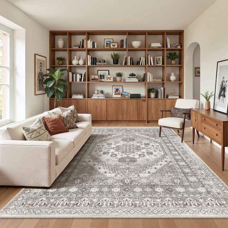 Malaika Machine-Washable Non-Slip Medallion Area Rug, Rectangle 5' x 7', Brown