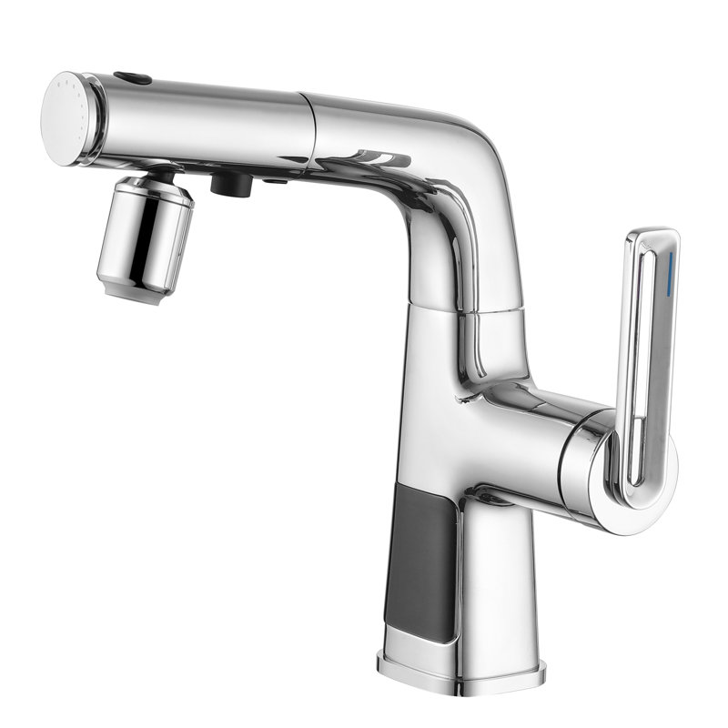 Modern Digital Display Bathroom Faucet With Pull-Out Spout And 360° Swivel – Battery-Free Hydropower (Chrome/White), Chrome