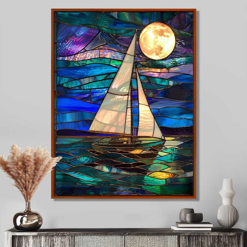 Voilier au clair de lune sur l'océan bleu et vert - bateau, art mural, Toile avec cadre flottant brun