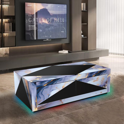 Coffee Table 48" Mirrored In Black With Marble Print Glass And 7 Colour Rgb Colour Changing With Remote