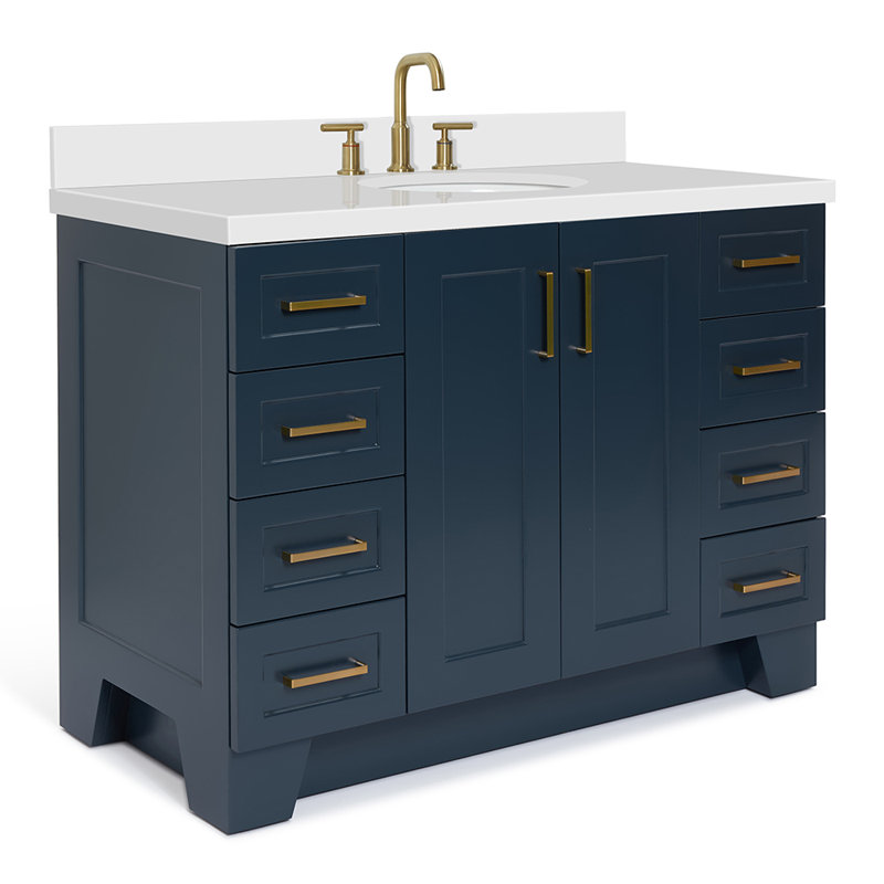 Freitas 48'' Solid Wood Single Bathroom Vanity, Midnight Blue, Rectangle, White Quartz