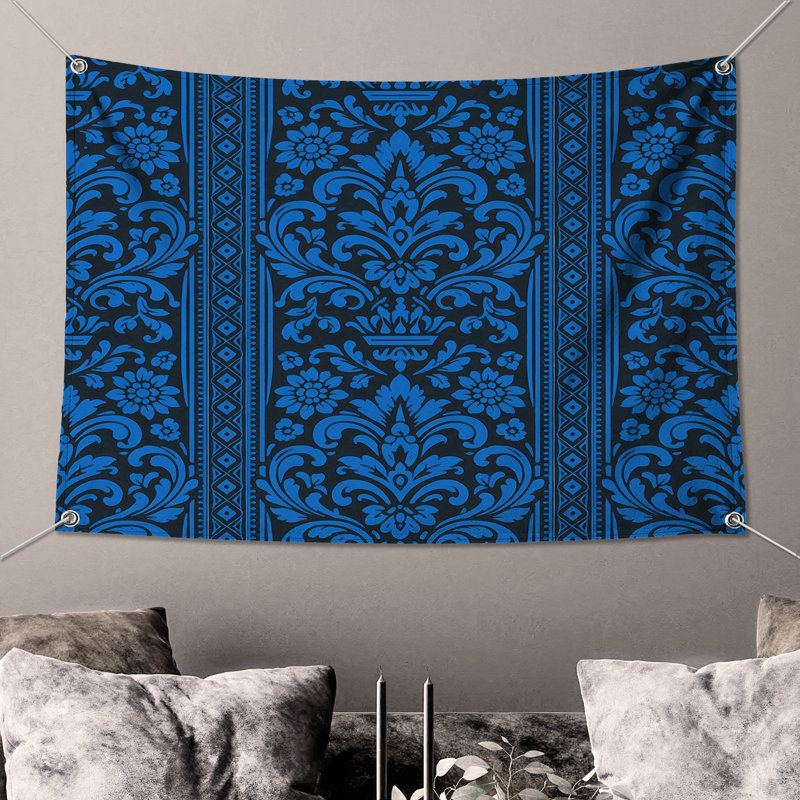 Tapisserie murale damassé florale bleue, 50in H x60in W with 4 Grommets