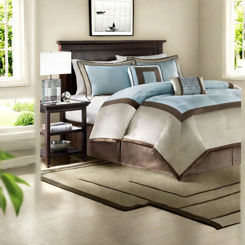 Ensemble de literie pour grand lit luxueux 7 pièces en polyester bleu avec élégance de style hôtel