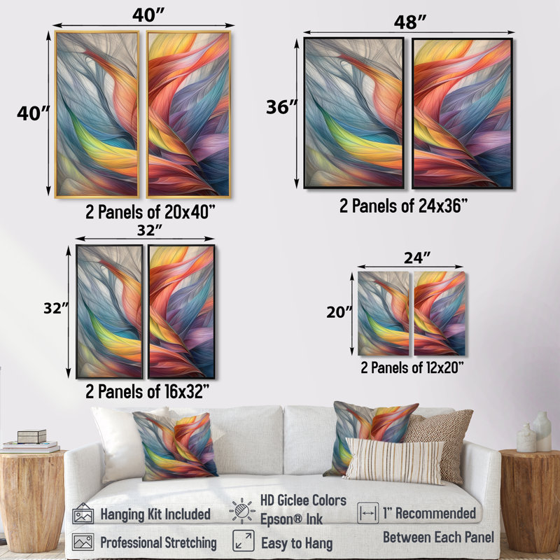 Art mural rétro sur toile, feuilles et pastel rétro arc-en-ciel Boho, 36" H x 48" W, Impression encadrée flottante, Black