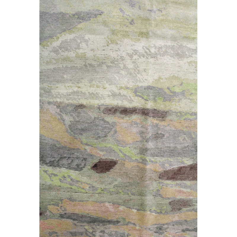 Tapis vert en laine noué à la main de conception unique 9 pi x 12 pi New Age Greenland