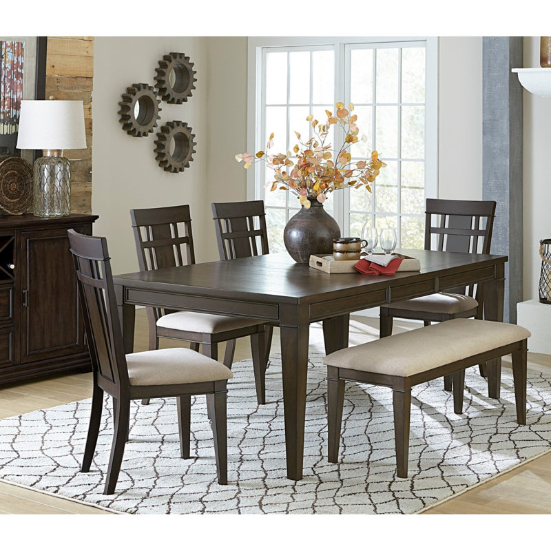 Mobilier de salle à manger à finition classique brun foncé avec banc 1 pièce en tissu beige