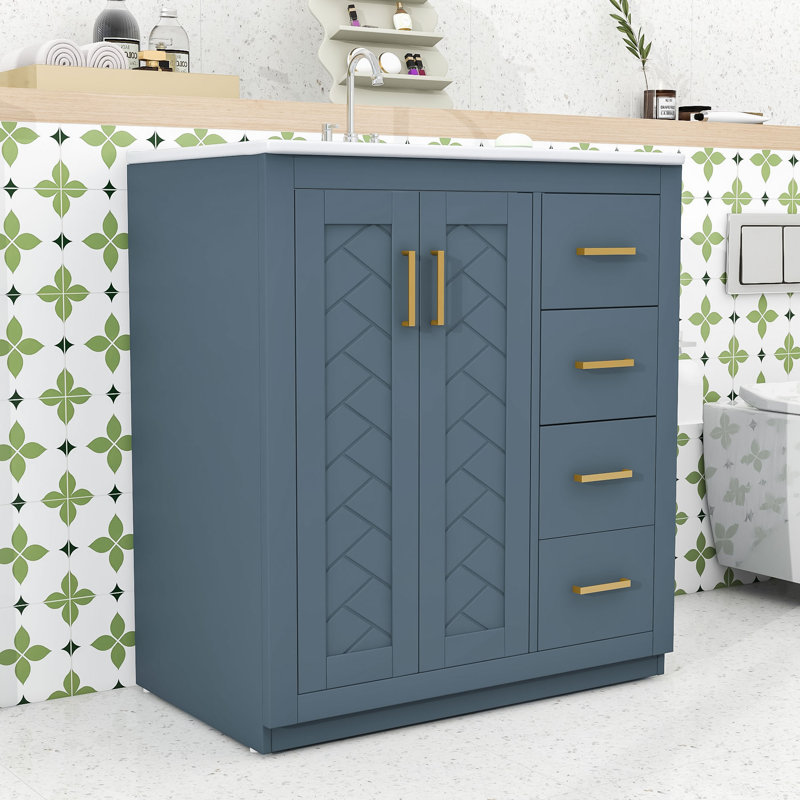Ensemble de meuble-lavabo simple autoportant avec lavabo sous le comptoir en céramique Camuto Modern, Marine