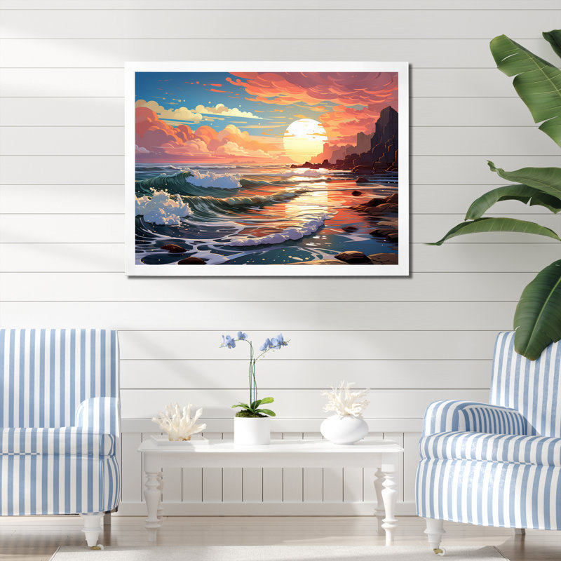 «Glorious Pink Blossoming Sunrise Over Ocean I», reproduction sur toile, H 16 po x l 32 po, Cadre photo argenté