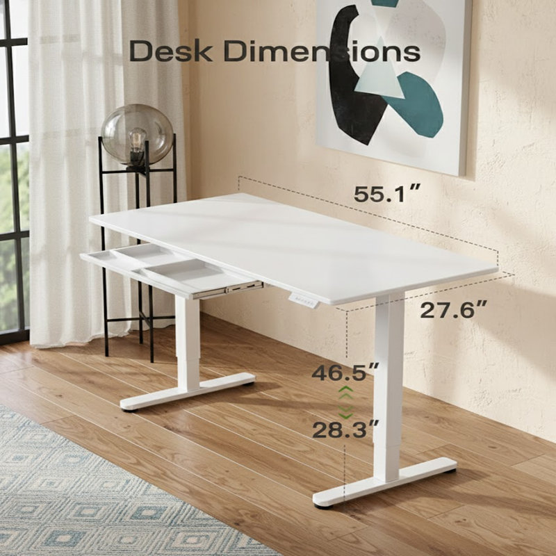 Glass Standing Desk with Writable Surface and Built-In Storage Drawers, Adjustable Height, 28.3" H x 55.1" W x 27.6" D, White