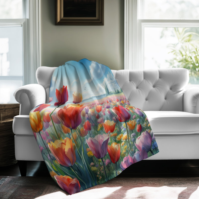 Serene Tulip Horizon - couverture en sherpa de qualité supérieure 1 pièce - reproduction d'art luxueuse, Jeté